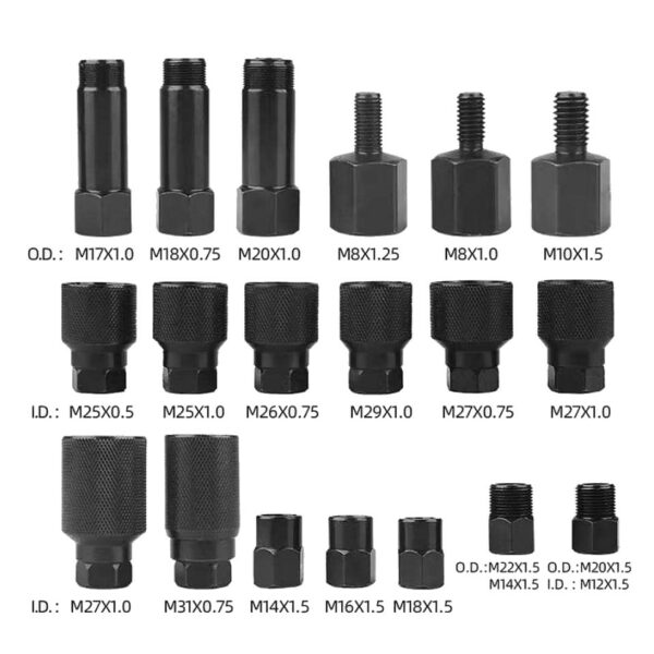 Set of various sizes of black steel hydraulic hose fittings with labeled dimensions and a Pneumatic Diesel Injector Puller/ Removal Tool Set - 23pc.