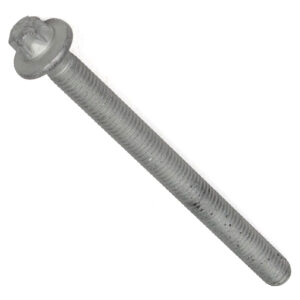 A single long metal screw with a hexagonal head and threaded shank from a BMW / Mini Injector Clamp Bolt, isolated on a white background.